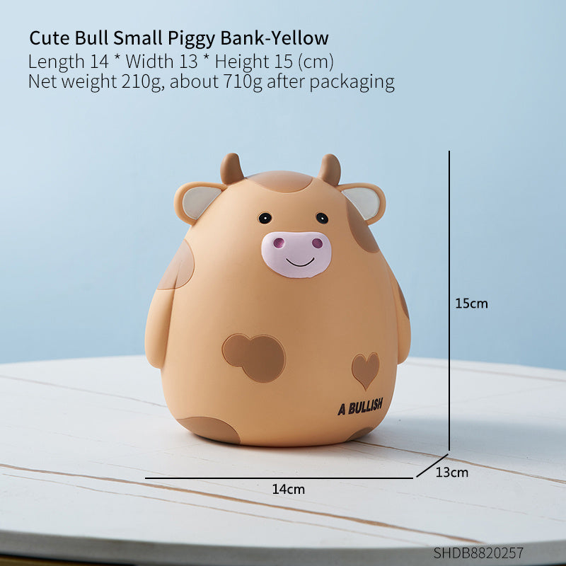 Cute bull-shaped piggy bank with dimensions and weight information on a light blue background