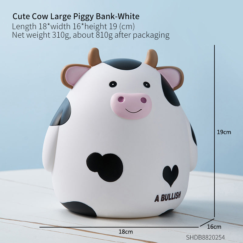 Cute cow-shaped piggy bank with measurements on a light blue background