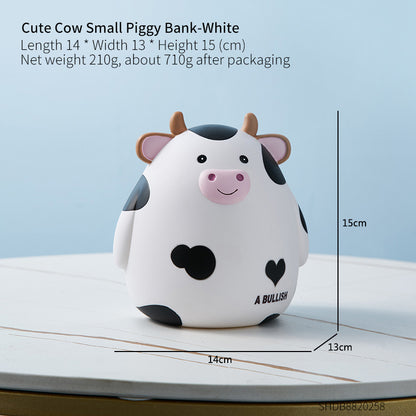 Cute cow-shaped piggy bank with dimensions and weight information on a light blue background
