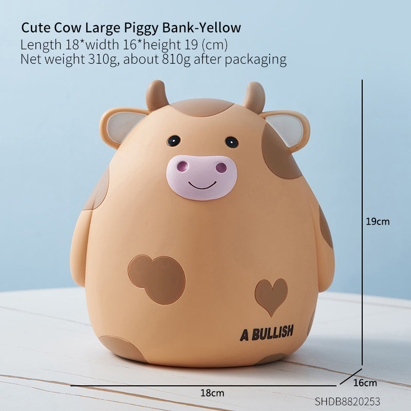 Cow-shaped piggy bank with measurements on a light blue background