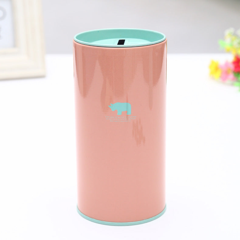Pink cylindrical container with a light blue lid on a white background. Rhino on tinplate.