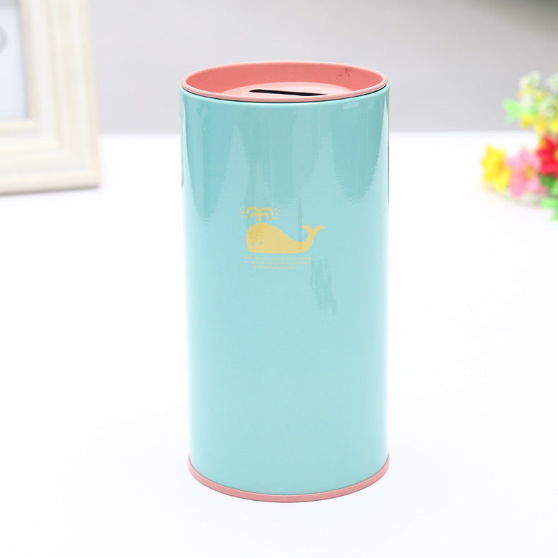 Cylindrical container with pink top and bottom and yellow whale design on a white background, design on tinplate.