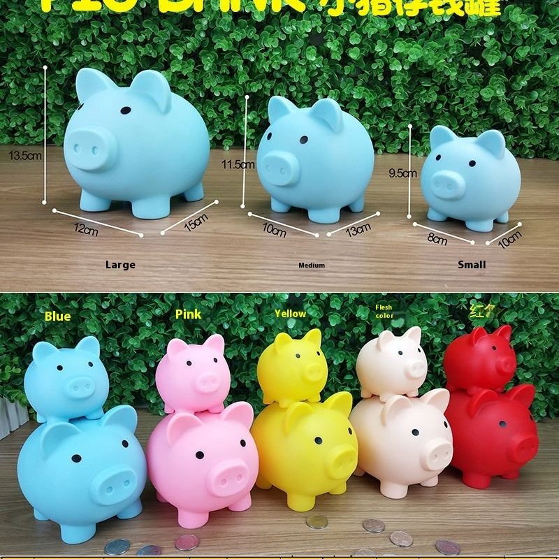 Set of colorful piggy banks with measurements and color options on a wooden surface.