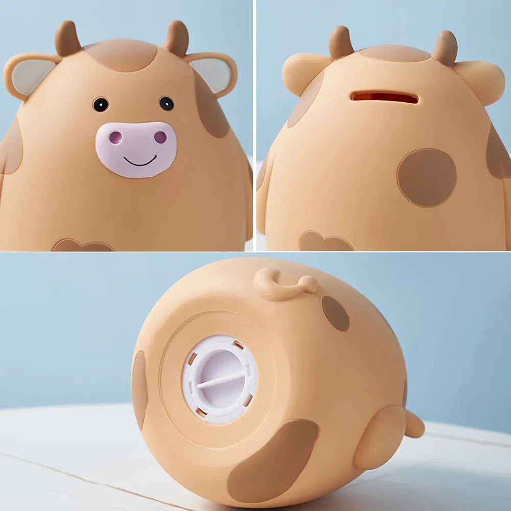 Cow-shaped children's piggy bank with a light blue background